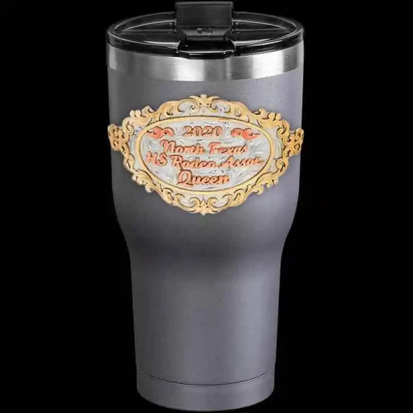 A custom tumbler made of stainless steel with a personalized engraved copper lettering, 30 oz, ideal for coffee or cool drinks